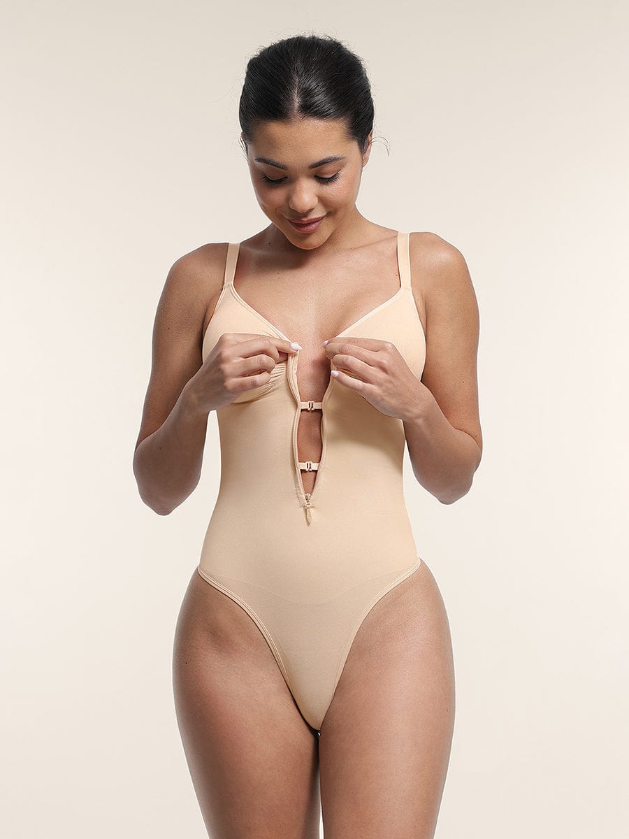  Seamless Plunge Chest Support Bodysuit with Clips Inside